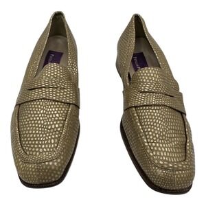 Phyllis Poland Metallic Gold Lizard Leather Loafers Made in Italy Size 7B